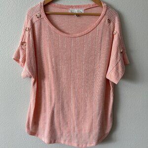 French Laundry Coral White Stripe Short Sleeve Top with Button Details Size‎ XL